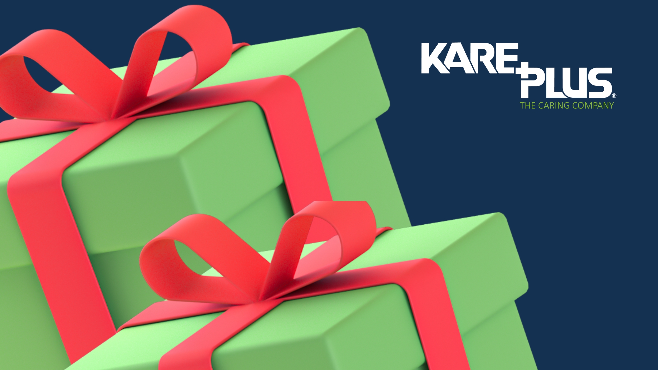 Green present boxes wrapped in a red ribbon and bow on a dark blue background with the logo for Kare Plus on the top right hand side