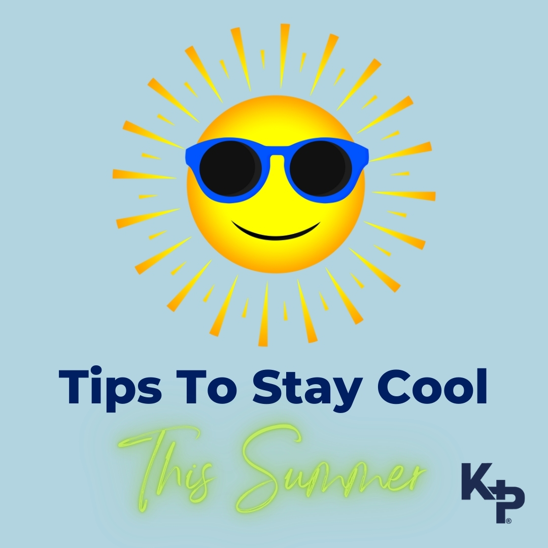 An image of a yellow sun wearing sunglasses against a light blue background and the message Tips To Stay Cool This Summer from Kare Plus.